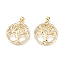 Honeyhandy Brass Micro Pave Cubic Zirconia Pendants, Long-Lasting Plated, Flat Round with Tree of Life, Colorful, Real 18K Gold Plated, 26.5x24x3.8mm, Hole: 4.5x3mm