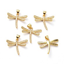 Honeyhandy Brass Micro Pave Clear Cubic Zirconia Pendants, with Jump Ring, Long-Lasting Plated, Dragonfly, Real 18K Gold Plated, 20x24x3mm, Hole: 5x3mm