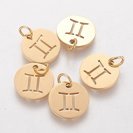 Honeyhandy 304 Stainless Steel Pendants, with Jump Ring, Laser Cut, Flat Round with Constellation/Zodiac Sign, Golden, Gemini, 12x1mm, Hole: 3mm