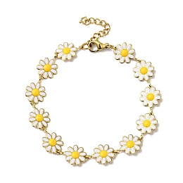 Honeyhandy Enamel Flower Link Chain Bracelet, Gold Plated 304 Stainless Steel Jewelry for Women, Gold, 6-7/8 inch(17.5cm)