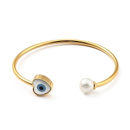 Honeyhandy Shell Pearl & Heart with Evil Eye Open Cuff Bangle, 304 Stainless Steel Jewelry for Woman, Golden, Inner Diameter: 1-3/4x2-1/8 inch(4.6x5.45cm)