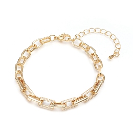 Honeyhandy Brass Cable Chains Bracelets, with Clear Cubic Zirconia and Lobster Claw Clasps, Textured, Long-Lasting Plated, Golden, 7-1/8 inch(18cm)