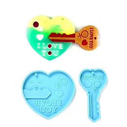 Honeyhandy Valentine's Day Theme DIY Pendant Silicone Molds, Resin Casting Molds, For UV Resin, Epoxy Resin Jewelry Making, Heart & Key, Deep Sky Blue, 73x39x6mm, Hole: 3mm