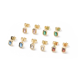 Honeyhandy Cubic Zirconia Rectangle Stud Earrings, Real 18K Gold Plated Brass Jewelry for Women, Cadmium Free & Nickel Free & Lead Free, Mixed Color, 7x5mm, Pin: 0.9mm