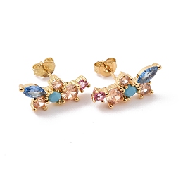 Honeyhandy Colorful Cubic Zirconia Flower Stud Earrings, Rack Plating Brass Jewelry for Women, Cadmium Free & Lead Free, Real 18K Gold Plated, 7x17mm, Pin: 0.7mm