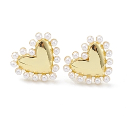 Honeyhandy Heart Rack Plating Brass Stud Earrings for Women, with Plastic Pearl Bead, Long-Lasting Plated, Lead Free & Cadmium Free, Real 18K Gold Plated, 14x15x2.5mm, Pin: 0.8mm