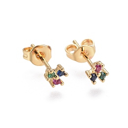 Honeyhandy Brass Micro Pave Cubic Zirconia Stud Earrings, Clover, Golden, Colorful, 4.5x4.5x2.3mm, Pin: 0.7mm