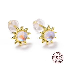 Honeyhandy 925 Sterling Silver Sunflower Stud Earring Findings, Clear Moonstone Dainty Earrings for Girl Women, Golden, 7.5x3.4mm, Pin: 0.8mm