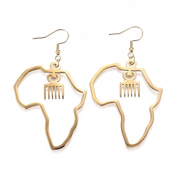 Honeyhandy 201 Stainless Steel Dangle Earrings, Africa Map, Adinkra Gye Nyame, Real 18K Gold Plated, 71mm, Pin: 0.8mm