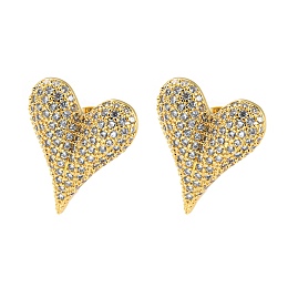 Honeyhandy Heart Shape Brass Micro Pave Clear Cubic Zirconia Stud Earrings, Long-Lasting Plated, Cadmium Free & Lead Free, Real 18K Gold Plated, 24x20mm