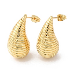 Honeyhandy Rack Plating Brass Teardrop with Stripe Stud Earrings, Long-Lasting Plated, Cadmium Free & Lead Free, Real 18K Gold Plated, 28~29x14.5mm