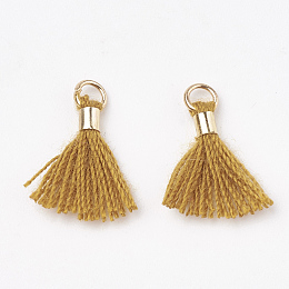 Honeyhandy Polycotton(Polyester Cotton) Tassel Pendant Decorations, Mini Tassel, with Brass Findings, Light Gold, Dark Goldenrod, 10~15x3~4mm, Hole: 2mm