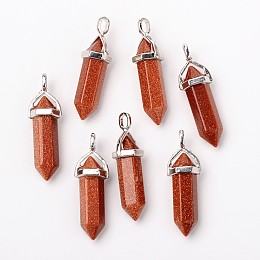 Honeyhandy Synthetic Goldstone Pointed Pendants, with Platinum Tone Random Alloy Pendant Hexagon Bead Cap Bails, Bullet, 36~40x12mm, Hole: 3x4mm, Gemstone: 8mm in diameter