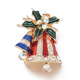 Honeyhandy Golden Plated Alloy Brooches, with Rhinestone and Enamel, Christmas Bell, for Christmas, Colorful, 42.5x29.5x9.5mm, Pin: 0.8mm