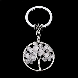 Honeyhandy Natural Quartz Crystal Keychain, with Iron Key Rings and Brass Finding, Flat Round with Tree of Life, 65~67mm, 36x29x5~8mm