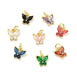 Honeyhandy Rack Plating Brass Inlaid Cubic Zirconia Charms, with Jump Rings, Cadmium Free & Lead Free, Golden, Butterfly, Mixed Color, 10x10x3.5mm, Hole: 3.4mm