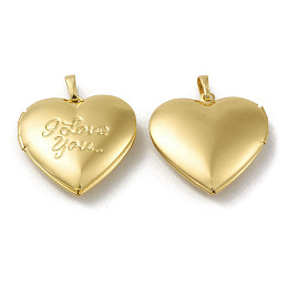 Honeyhandy Rack Plating Brass Locket Pendants, Heart with Word I Love You Charm, Cadmium Free & Lead Free, Long-Lasting Plated, Real 18K Gold Plated, 29x28.5x7mm, Hole: 4x7mm