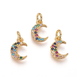 Honeyhandy Brass Charms, with Micro Pave Cubic Zirconia and Jump Rings, Moon, Colorful, Golden, 11x8x2mm, Hole: 3mm