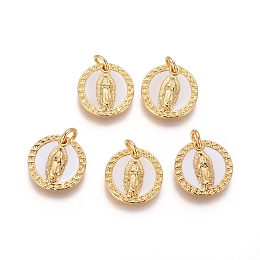 Honeyhandy Brass Pendants, with Shell and Jump Rings, Flat Round with Virgin Mary, Golden, 14x2.5mm, Hole: 3mm