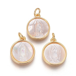 Honeyhandy Brass Pendants, with Shell and Jump Ring, Flat Round with Virgin Mary, Golden, 16x14x3mm, Hole: 3mm