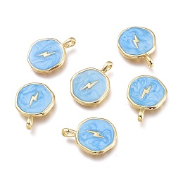 Honeyhandy Brass Enamel Pendant, Flat Round with Lightning Pattern, Golden, Sky Blue, 18.5x14x2mm, Hole: 3.5x2mm