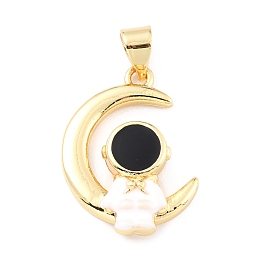 Honeyhandy Brass Enamel Pendants, Long-Lasting Plated, Real 18K Gold Plated, Moon with Astronaut, Black & White, Mixed Color, 21x15.5x4mm, Hole: 3.5x4.5mm