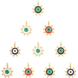 NBEADS 10 Pcs 17mmx19mm Evil Eye Theme Brass Enamel Pendants, Sunflower Shape Evil Eye Enamel Pendants with Large Hole(2mm) Findings for DIY Necklace Bracelet Earring Making