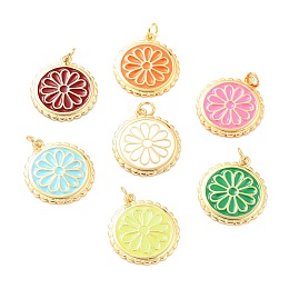 Honeyhandy Real 18K Gold Plated Brass Pendants, with Enamel, Long-Lasting Plated, Flat Round with Flower, Mixed Color, 22.5x19.5x2mm, Jump Ring: 5x1mm, 3mm Inner Diameter