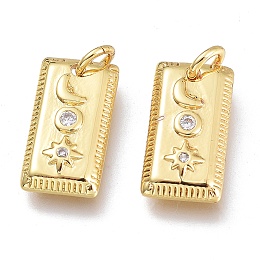 Honeyhandy Brass Micro Pave Clear Cubic Zirconia Charms, with Jump Ring, Rectangle with Moon & Star, Golden, 12.5x6.5x2.5mm, Hole: 1.5mm Jump rings: 3.5x0.8mm