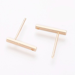 Honeyhandy Brass Stud Earring Findings, with Loop, Rectangle, Real 18K Gold Plated, 12.5x1.5x1.5mm, Hole: 0.8mm, Pin: 0.8mm