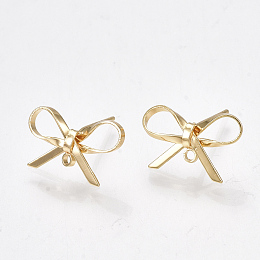 Honeyhandy Brass Stud Earring Findings, with Loop, Bowknot, Nickel Free, Real 18K Gold Plated, 8~10x15mm, Hole: 1mm, Pin: 0.7mm