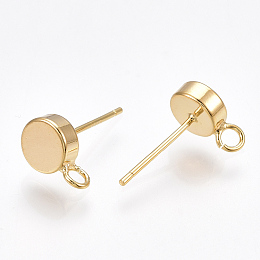 Honeyhandy Brass Stud Earring Findings, with Loop, Flat Round, Nickel Free, Real 18K Gold Plated, 9x6mm, Hole: 1.8mm, Pin: 0.8mm