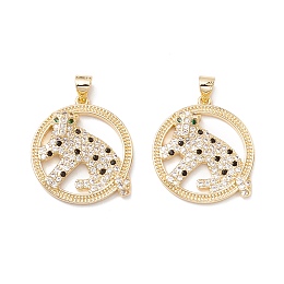 Honeyhandy Brass Micro Pave Colorful Cubic Zirconia Pendants, Flat Round with Leopard, Real 18K Gold Plated, 24.5x22x4.5mm, Hole: 3.5x4mm