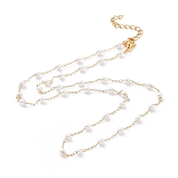 Honeyhandy PVD Vacuum Plating 304 Stainless Steel Beaded Necklaces, with Plastic Imitation Pearl Beads and Paperclip Chains, Golden, 17.52 inch(44.5cm)