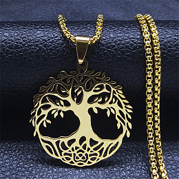 Honeyhandy 304 Stainless Steel Pendant Necklaces, Tree of Life, Golden, 23.54 inch(59.8cm)