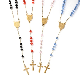 Honeyhandy Glass Rosary Bead Necklaces, PVD Vacuum Plating Golden 304 Stainless Steel Cross Pendant Necklace, Mixed Color, 18.11~18.94 inch(46~48.1cm)