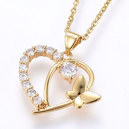 Honeyhandy 304 Stainless Steel Pendant Necklaces, with Cubic Zirconia, Heart with Butterfly, Golden, 17.71 inch(45cm), Pendant: 24.5x23x3mm