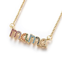 Honeyhandy 304 Stainless Steel Pendant Necklaces, Mother's Day Jewelry, with Cubic Zirconia, Word Mama, Colorful, Golden, 18.8 inch(48cm), Pendant: 32x9x2mm