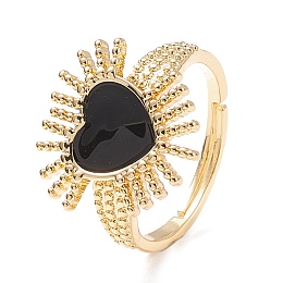 Honeyhandy Black Cubic Zirconia Heart Sun Adjustable Ring, Brass Jewelry for Women, Cadmium Free & Lead Free, Real 18K Gold Plated, Inner Diameter: 16.2~21mm