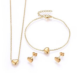 Honeyhandy 304 Stainless Steel Jewelry Sets, Pendant Necklaces & Stud Earrings & Bracelets, Heart, Golden, 16.93 inch(43cm), 6-3/4 inch(17cm), 7x9x2.5mm, Pin: 0.8mm