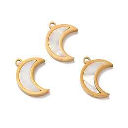 Honeyhandy Ion Plating(IP) 304 Stainless Steel Pendants, Crescent Moon Charms, with Shell, Golden, 16x13x2mm, Hole: 1.4mm