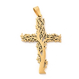 Honeyhandy 201 Stainless Steel Pendants, Cross with Tree, Golden, 47x31.5x2mm, Hole: 6.5x4mm