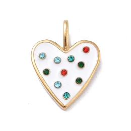 Honeyhandy Ion Plating(IP) 304 Stainless Steel Pendants, with Rhinestone and Enamel, Heart Charm, Golden, 20.5x15x2.8mm, Hole: 4.5x3mm