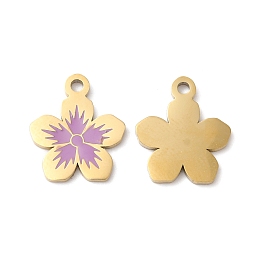 Honeyhandy Ion Plating(IP) 316L Surgical Stainless Steel Charms, with Enamel, Flower Charm, Real 18K Gold Plated, Violet, 14x12x1.2mm, Hole: 1.5mm