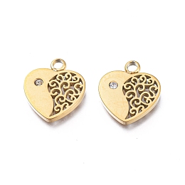 Honeyhandy Ion Plating(IP) 304 Stainless Steel Charms, Manual Polishing, with Crystal Rhinestone, Heart, Golden, 12.5x11x1.5mm, Hole: 1.8mm