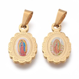 Honeyhandy 304 Stainless Steel Lady of Guadalupe Pendants, Oval with Virgin Mary, Golden, 17x10.5x2mm, Hole: 6.5mm