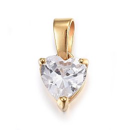 Honeyhandy Cubic Zirconia Charms, with 304 Stainless Steel Findings, Heart, Clear, Golden, 10x7.5x6mm, Hole: 5x3mm