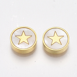 Honeyhandy 304 Stainless Steel Beads, with Shell, Flat Round with Star, Golden, 10x3mm, Hole: 1.6mm