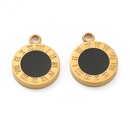 Honeyhandy Fashion 304 Stainless Steel Enamel Charms, Flat Round with Black Roman Numerals, Golden, 14x11x2mm, Hole: 1.8mm