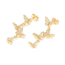 Cubic Zirconia Butterfly Dangle Stud Earrings, Real 18K Gold Plated Brass Long Drop Earrings for Women, Cadmium Free & Lead Free, Clear, 35mm, Pin: 0.7mm